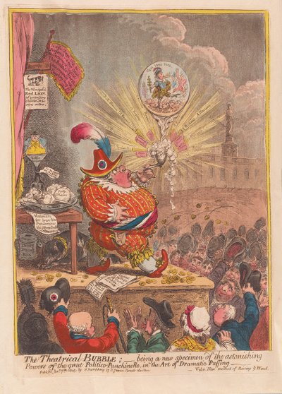 Theatrical Bubble: att vara ett nytt exemplar av den stora Politico-Punchinellos häpnadsväckande krafter i konsten att dramatiskt puffande, pub. 1805 (handfärgad gravyr) av James Gillray