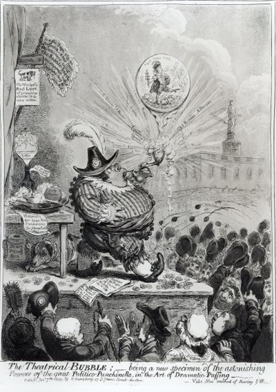 Theatrical Bubble... publicerad av Hannah Humphrey (fl.1778-1822) 1805 (etching und aquatint) av James Gillray