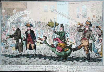 The Triumphal Procession of Little Paul the Taylor on his new Goose, publicerad 1806 (handfärgad etsning) av James Gillray