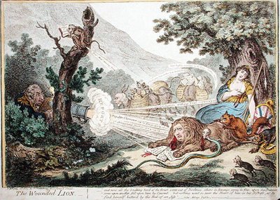 The Wounded Lion, publicerad av Hannah Humphrey 1805 (handfärgad etsning) av James Gillray