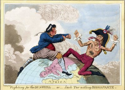 Kampen om Dunghills eller Jack Tar (som representerar männen i den brittiska flottan) mot Napoleon Bonaparte (1769-1821) av James Gillray