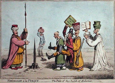 Theologie a la Turque, The Pale of the Church Mahomet, publicerad av Hannah Humphrey 1799 (handfärgad etsning) av James Gillray