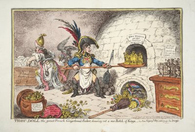 Tiddy-Doll, den stora franska pepparkaksbagaren, ritar en ny sats kungar. - hans Man Hopping Talley, mixing up the Dough, pub. 1806 (handfärgad gravyr) av James Gillray