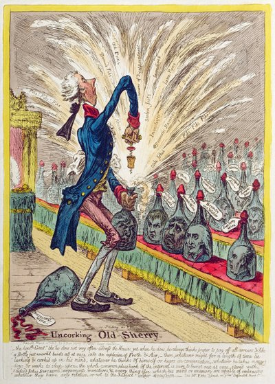 Uncorking Old Sherry, publicerad av Hannah Humphrey 1805 (handfärgad etsning) av James Gillray
