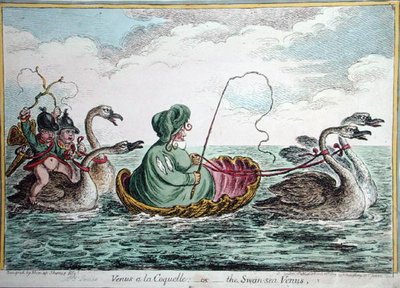 Venus a la Coquelle, eller The Swan Sea Venus, publicerad av Hannah Humphrey 1809 (handfärgad etsning) av James Gillray