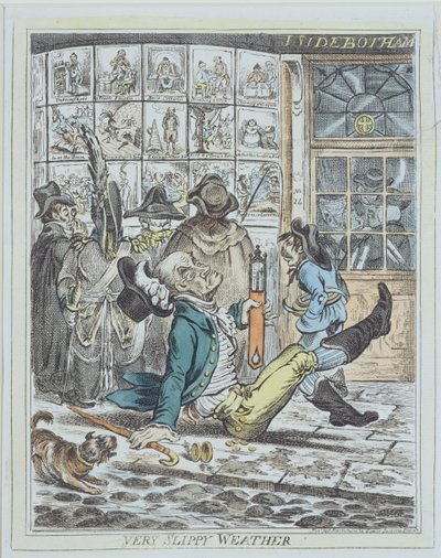 Very Slippy Weather, graverad av J. Sidebotham (färg litho) av James Gillray