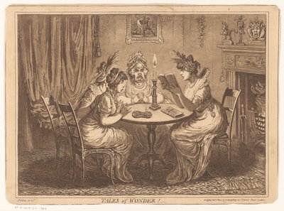 Kvinna läser en skräckroman Tales of Wonder! (titel på objekt) av James Gillray