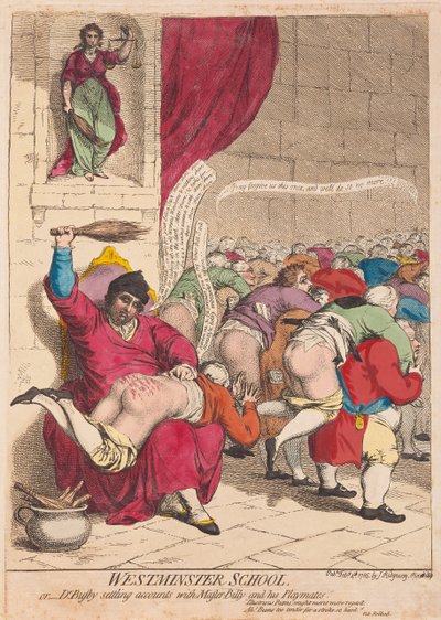 Westminster School eller Dr Busby gör upp med Master Billy och hans Playmates, pub. 1785 (handfärgad gravyr) av James Gillray