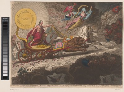 William Pitt verdrijft de duistere krachten, 1795 Ljus som utvisar mörker, - avdunstning av Stygian utandningar,-eller- Konstitutionens sol, stiger överlägset oppositionens moln (titel på objekt) av James Gillray