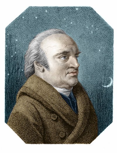 Porträtt av William Herschel (1738 - 1822) på en stjärnhimmelbakgrund - från en kopparstick av James Godby av James Godby