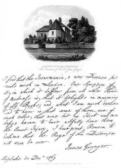 Ett brev från pastor James Granger och en vy av hans bostad i Shiplake, 1769, 1840 av James Granger