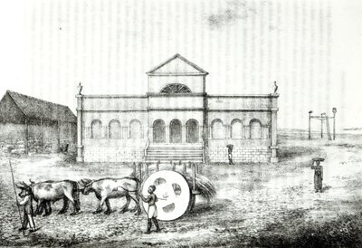 Börsen i Rio, en offentlig trapiche, en gräsvagn och galgen, illustration från "A History of the Brazil" av James Henderson, publicerad i London 1821. av James Henderson