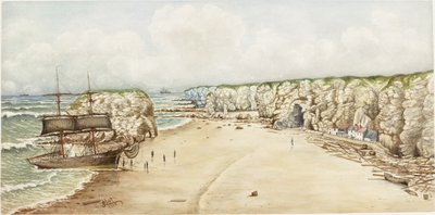 Brig på grund vid Marsden Rock (akvarell, kroppsfärg och penna på papper på kort)) av James Henry Cleet