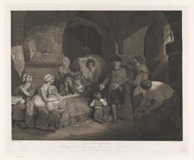 John Howard besöker en familj i fängelse John Howard Esq Visiting and Relieving the Miserie of a Prison (titel på objekt) av James Hogg