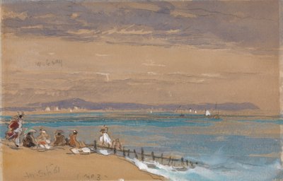 Strandscen med figurer vid en vågbrytare av James Holland