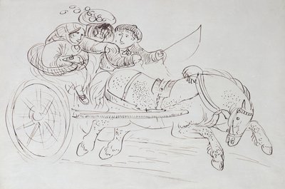 Par i en vagn dragen av en häst (sepia bläck på papper) av James Howe