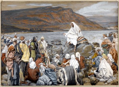 Jesus Teachs the People by the Sea, illustration till The Life of Christ, ca 1886-96 (ogenomskinlig akvarell över grafit på grå vävd kartong) av James Jacques Joseph Tissot