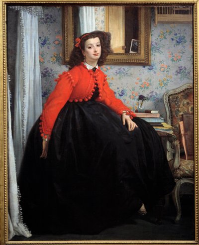 Hellängdsporträtt av Mademoiselle L. L., eller ung flicka i röd jacka Målning av Jacques Joseph (Jacques-Joseph) Tissot dit James Tissot (1836-1902) 1864 Sön. 1,24x0,99m Paris, Orsay-museet av James Jacques Joseph Tissot
