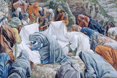Den heliga jungfrun kysser Kristi ansikte innan det lindas in i det slingrande arket, illustration till The Life of Christ, c.1886-94 (wc & gouache på kartong) av James Jacques Joseph Tissot