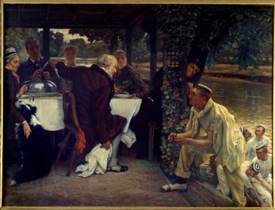 Den förlorade sonens återkomst: den feta kalven Modern anpassning av liknelsen om det förlorade barnet som återvänder till sin ångerfulla far. Målning av Jacques Joseph (Jacques-Joseph) Tissot dit James Tissot (1836-1902) 1880 Sön. 1x1,3 m Nantes, musee de av James Jacques Joseph Tissot