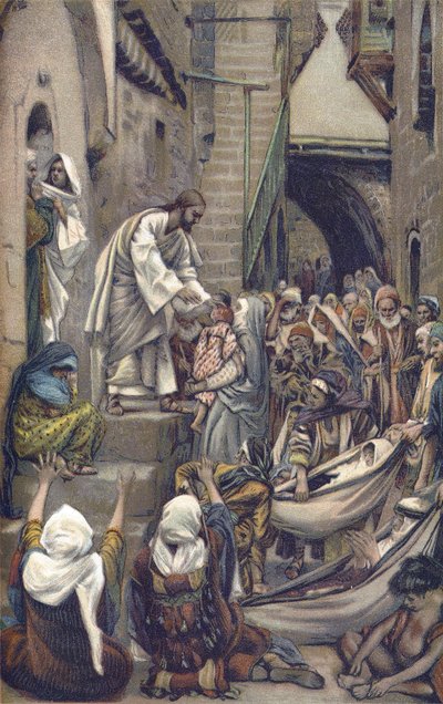 Hela staden var samlad vid dörren - Hela staden var samlad vid dörren - från "" The Life of Our Lord Jesus Christ"" - 1899 av James Tissot - Och hela staden samlades vid dess dörr - Markus 1: 33 - Vår Herre Jesu Kristi liv, av av James Jacques Joseph Tissot