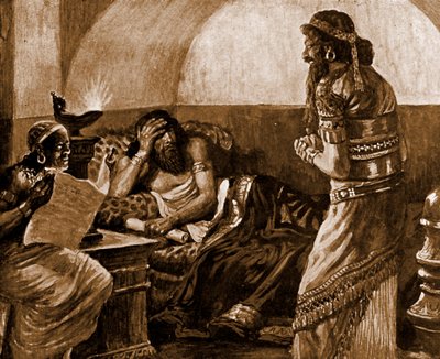 Krönikorna läses för Ahasveros - Bibeln av James Jacques Joseph after Tissot