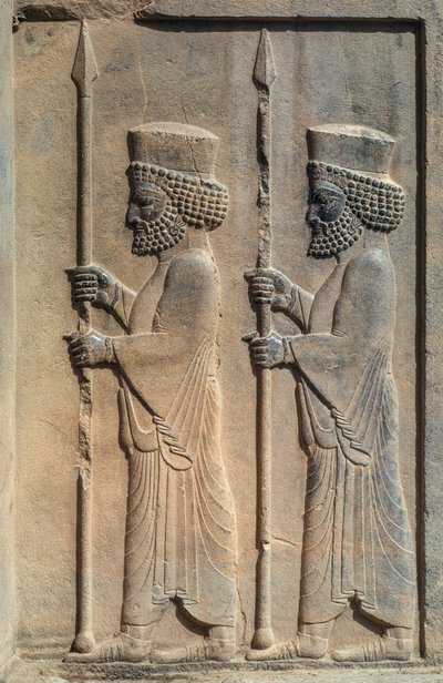 En skulpterad relief i Persepolis. Darius I började bygga sin ceremoniella huvudstad... av James L Stanfield