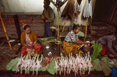 Matförsäljare med ansikten dekorerade med thanaka, pulveriserad trädbark. Taunggyi, Burma. av James L Stanfield