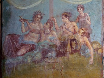 Fresko av romersk överklass i lyx som njuter av livet upptäckt i Pompeji. Pompeji, Italien. av James L Stanfield