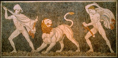 Mosaik föreställande Alexander den store och Hephaestion som dödar ett lejon. Pella arkeologiska... av James L Stanfield