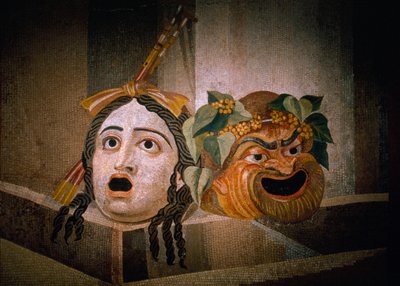 Romersk mosaik från 2:a århundradet e.Kr. med tragedi och komedi. Musei Capitolini, Rom, Italien. av James L Stanfield