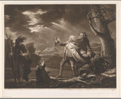 David Garrick som kung Lear med jarlen av Kent och Edgar utklädd till Tom i ett stormigt landskap av James McArdell