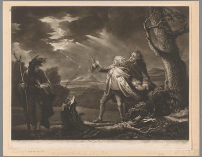 David Garrick som kung Lear med jarlen av Kent och Edgar utklädd till Tom i ett stormigt landskap av James McArdell
