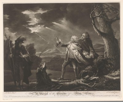 David Garrick som kung Lear med jarlen av Kent och Edgar utklädd till Tom i ett stormigt landskap herr. Garrick i King Lears karaktär (titel på objekt) av James McArdell