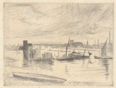 Gryning i Battersea (Cadogan Pier), ur Thames-serien (en serie om sexton etsningar av scener vid Themsen och andra motiv) av James McNeill Whistler