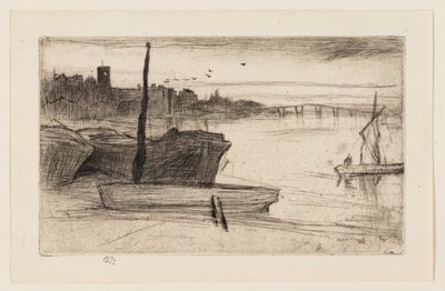 Chelsea Bridge och kyrkan av James Abbott McNeill Whistler