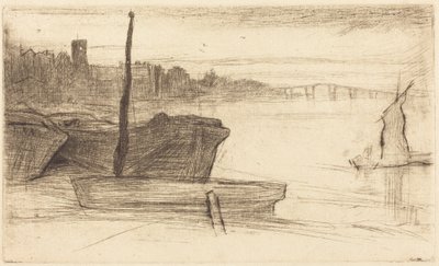 Chelsea Bridge och kyrka av James McNeill Whistler