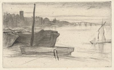 Chelsea Bridge and Church, from the Thames Set (En serie sexton etsningar av scener på Themsen och andra ämnen) av James Abbott McNeill Whistler