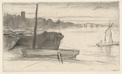 Chelsea Bridge och kyrkan, ur serien ”Thames Set” (En serie med sexton etsningar av motiv från Themsen och andra motiv) av James McNeill Whistler