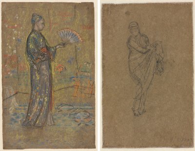 Japansk kvinna som målar en solfjäder (recto); stående kvinna som lyfter sin klänning (verso) av James McNeill Whistler