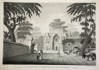 Vy över en moské på Chunar, pub. 1810 gravyr. av James Moffat