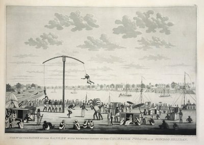 Utsikt på Banks of the Ganges med representation av Churruck Poojah …, pub. 1810 gravyr. av James Moffat