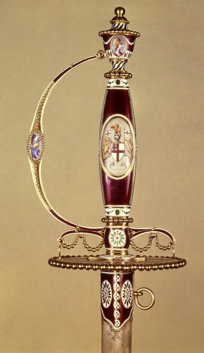 Ett svärdsfäste överlämnat till överste James Hartley (1745-99) av Ostindiska kompaniet, satt av James Morisset (c.1766-c.1800) c.1780 (guld och emalj) av James Morisset