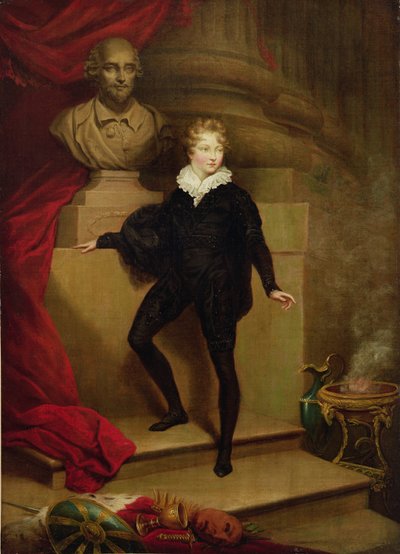 Mästare Betty som Hamlet före en byst av Shakespeare, c.1804-06 av James Northcote