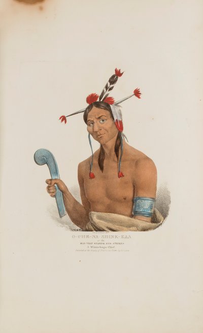 O-CHE-NA-SHINK-KAD eller Mannen som står och slår; En Winnebago-hövding, från The Aboriginal Portfolio av James Otto Lewis