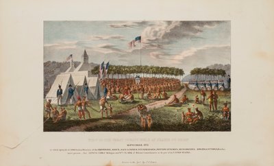 Vy över det stora fördraget som hölls i Prairie Du Chien, september 1825, från The Aboriginal Portfolio av James Otto Lewis