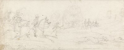 Coursing, en grupp ryttare som galopperar från vänster efter ett par vinthundar (grafit på papper) av James Pollard