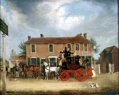 Norwich to London Mail vid Coach and Horses, Ilford (olja på duk) av James Pollard