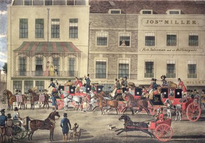 West Country Mails på Gloucester Coffee House, Piccadilly, graverade av C. Rosenberg, 1828 av James Pollard