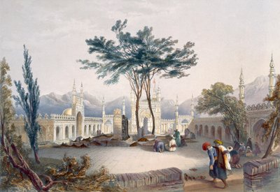 Moskén för Goolaum Hoossein Huzrut-Jee, afghanernas stora profet, och kungarnas gravar i Kandahar, tavla 30 från "Scenery, Inhabitants and Costumes of Afghanistan", graverad av R. Carri. av James Rattray